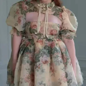 A Tale of Emerald Leaves and Bright Pink Rosy Blooms           Dress with Cardigan Top Complete Set Dark Academia Kawaii Academia Y2K Cottagecore Coquette Fairycore Dollette Princesscore