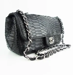 CHANEL black python exotic leather classic mini rectangular flap bag