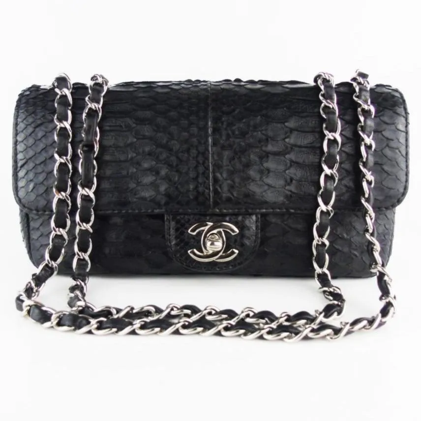 CHANEL black python exotic leather classic mini rectangular flap bag