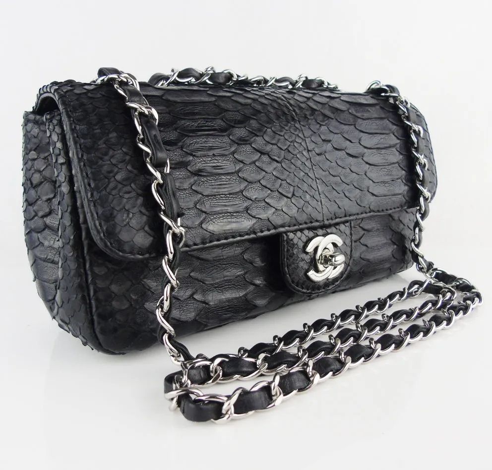 CHANEL black python exotic leather classic mini rectangular flap bag