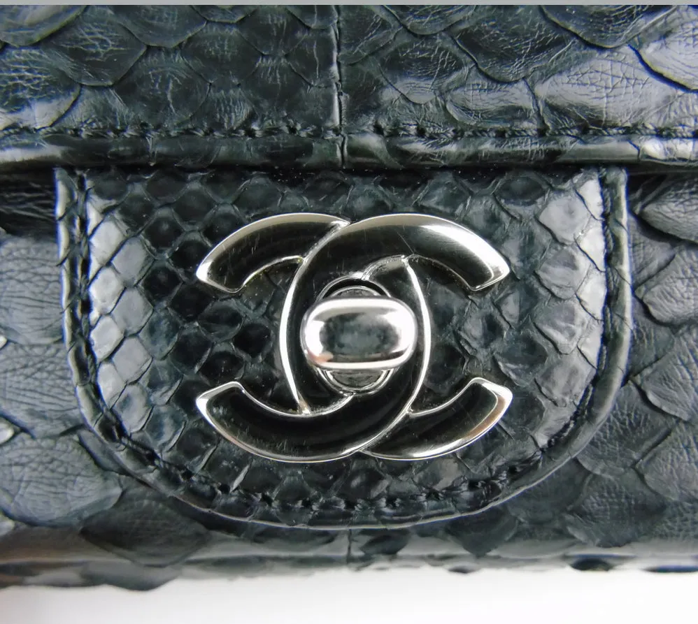 CHANEL black python exotic leather classic mini rectangular flap bag