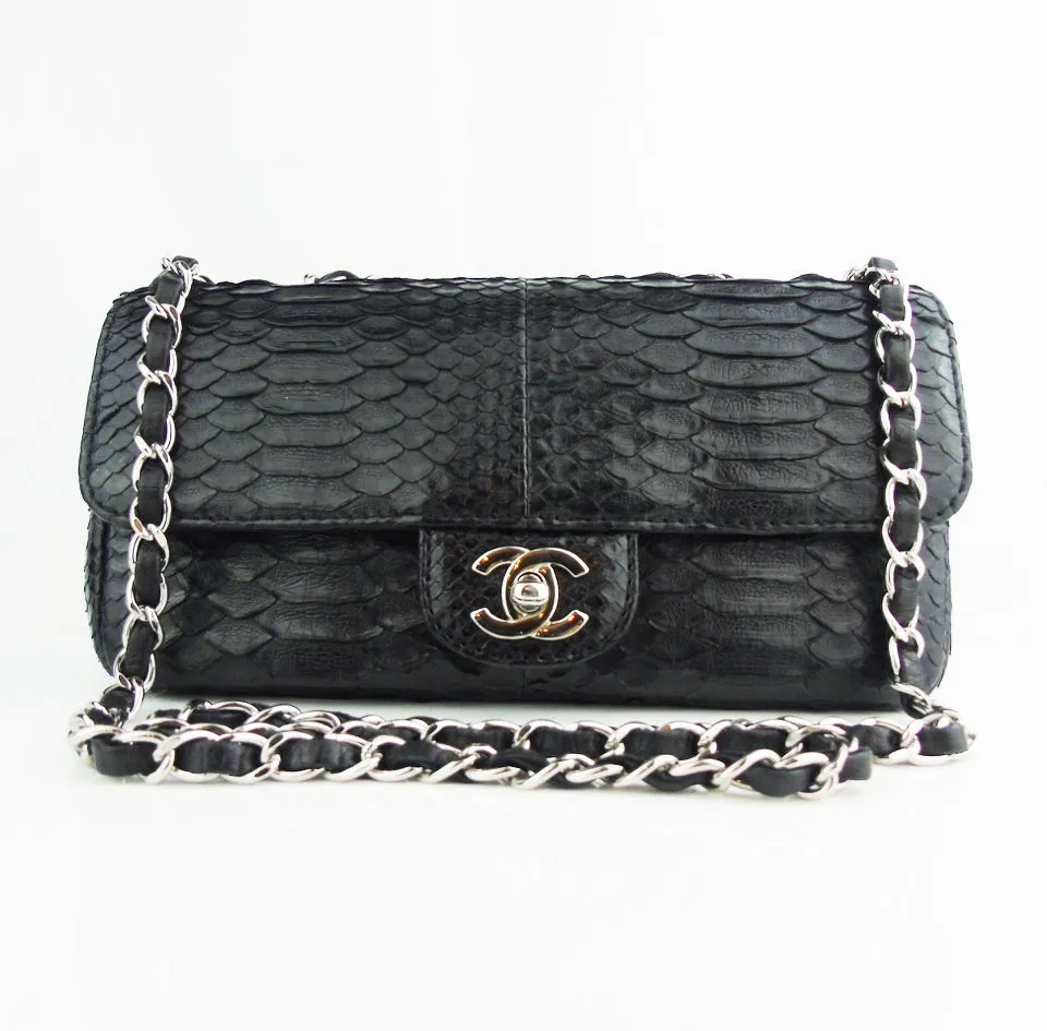 CHANEL black python exotic leather classic mini rectangular flap bag