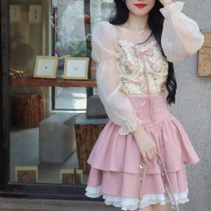 Doe Eyed Beauty    Top and Skirt  Set Kawaii Academia Y2K Cottagecore Coquette Fairycore Dollette Princesscore Bottoms