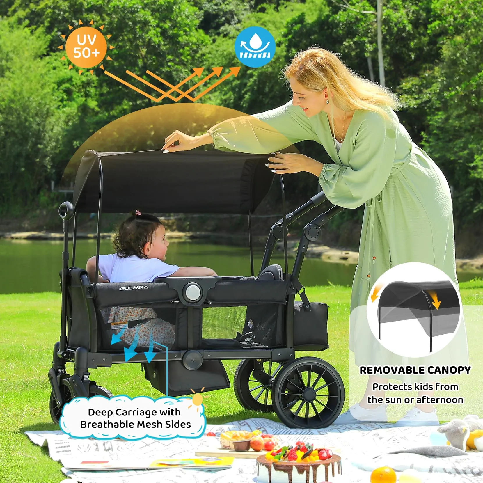 ELEMARA Stroller Wagon for 2 Kids, Foldable Wagon Stroller, Premium All Terrain Wagon for Kids, Kids Wagon Cart w/Removable Canopy, Adjustable Push/Pull Handle, Harnesses, Large Storage Bag, Black
