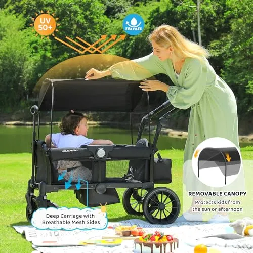 ELEMARA Stroller Wagon for 2 Kids, Foldable Wagon Stroller, Premium All Terrain Wagon for Kids, Kids Wagon Cart w/Removable Canopy, Adjustable Push/Pull Handle, Harnesses, Large Storage Bag, Black