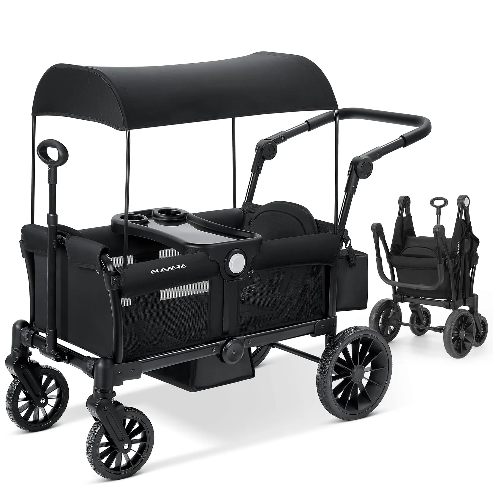 ELEMARA Stroller Wagon for 2 Kids, Foldable Wagon Stroller, Premium All Terrain Wagon for Kids, Kids Wagon Cart w/Removable Canopy, Adjustable Push/Pull Handle, Harnesses, Large Storage Bag, Black