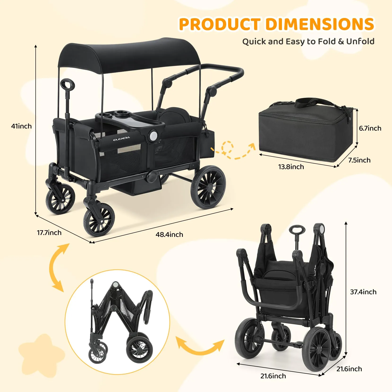 ELEMARA Stroller Wagon for 2 Kids, Foldable Wagon Stroller, Premium All Terrain Wagon for Kids, Kids Wagon Cart w/Removable Canopy, Adjustable Push/Pull Handle, Harnesses, Large Storage Bag, Black