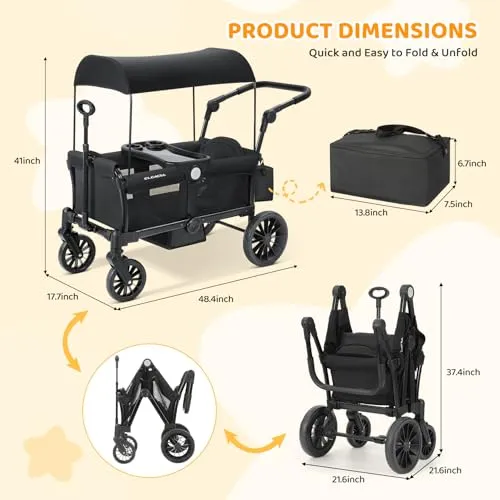 ELEMARA Stroller Wagon for 2 Kids, Foldable Wagon Stroller, Premium All Terrain Wagon for Kids, Kids Wagon Cart w/Removable Canopy, Adjustable Push/Pull Handle, Harnesses, Large Storage Bag, Black
