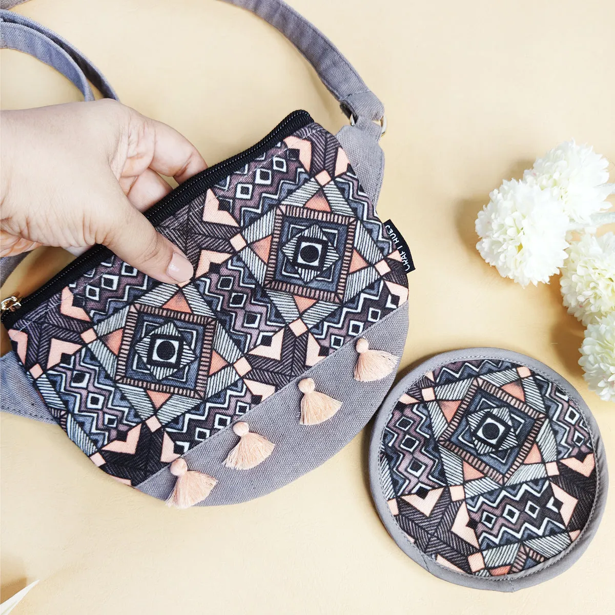 Fanny Pack/Coin Pouch Combo- Grey Madhubani