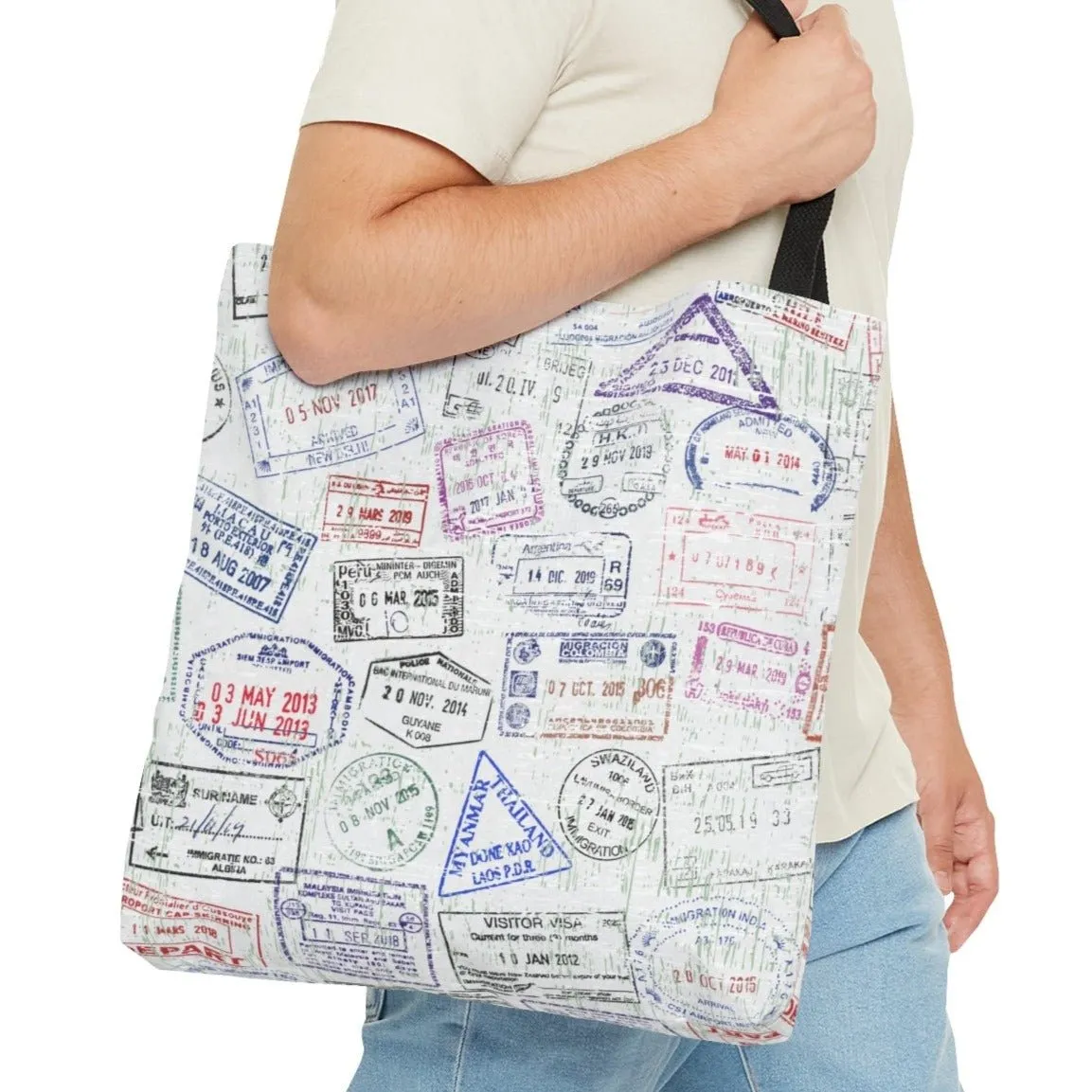 Passport Stamp Collage Large Tote Bag - Travel-Inspired Fashion Accessory