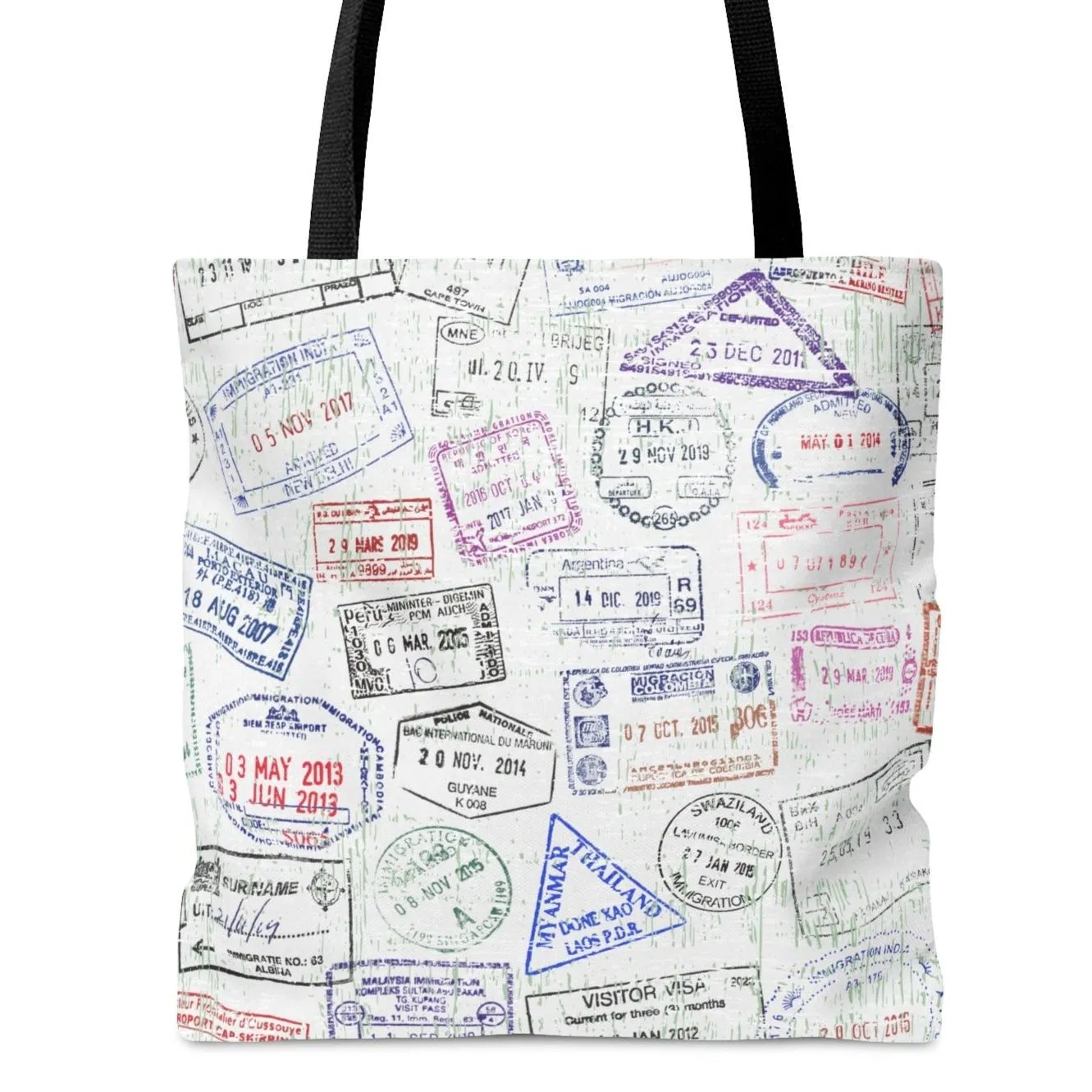 Passport Stamp Collage Large Tote Bag - Travel-Inspired Fashion Accessory