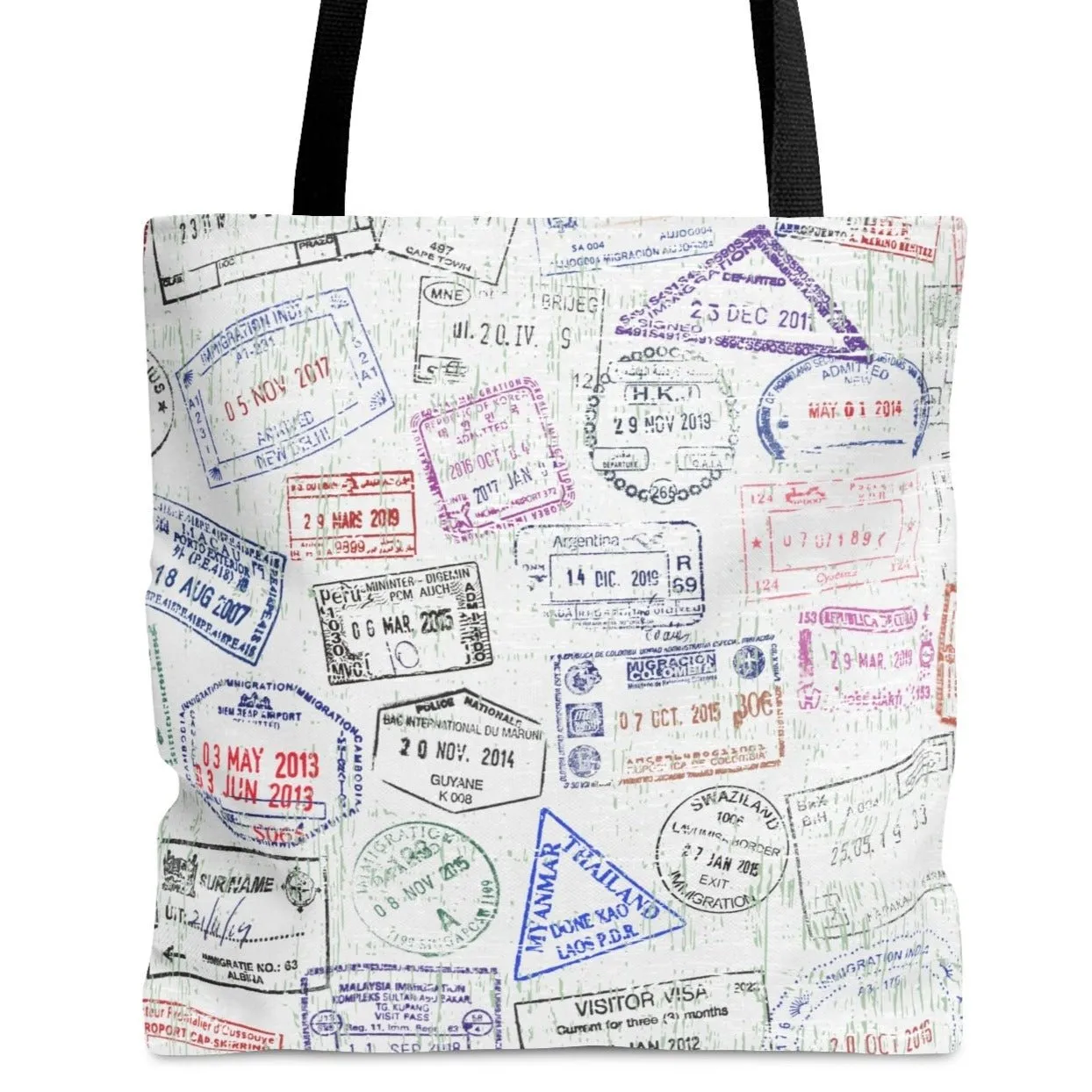 Passport Stamp Collage Large Tote Bag - Travel-Inspired Fashion Accessory
